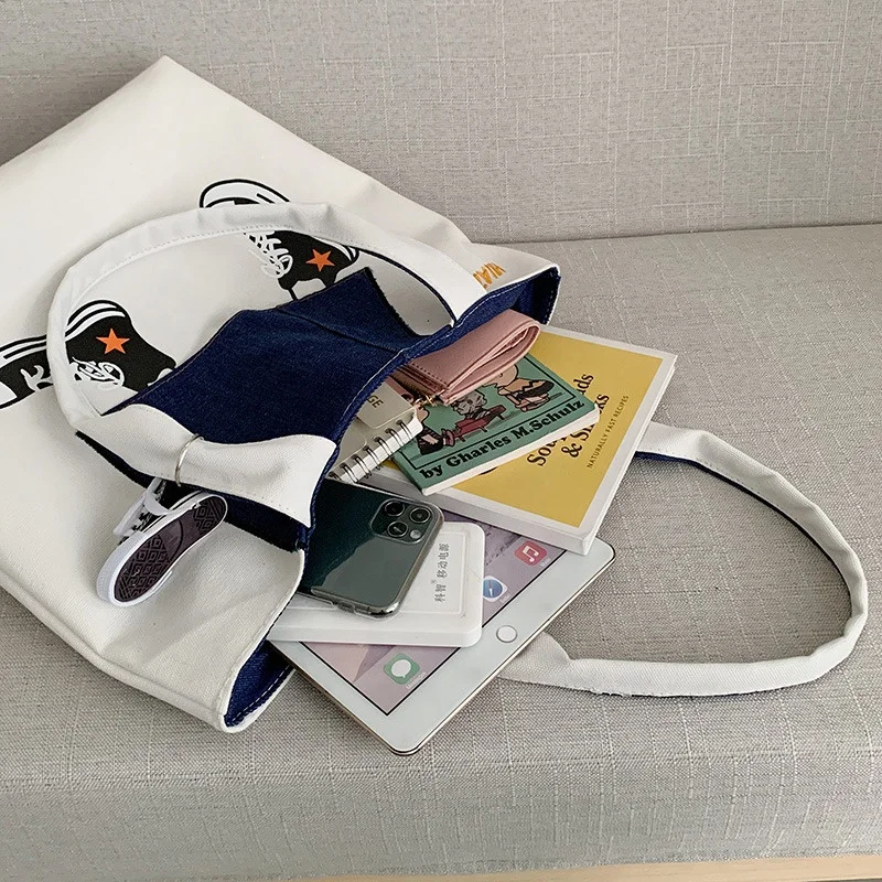 Large Capacity Individuality Inner Patch Pocket Embroidered Letter Logo Canvas Weekend Ladies Satchel Handbag Shoulder Tote Bag