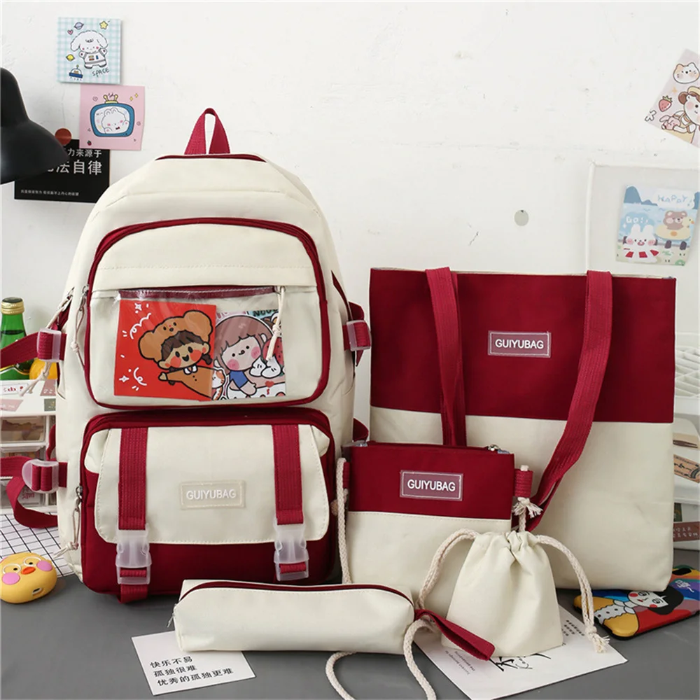 Amiqi 2021 New Arrival 4 in 1 Fashion Pink Canvas College Student School Laptop Book Bag with Lunch cooler Pencil