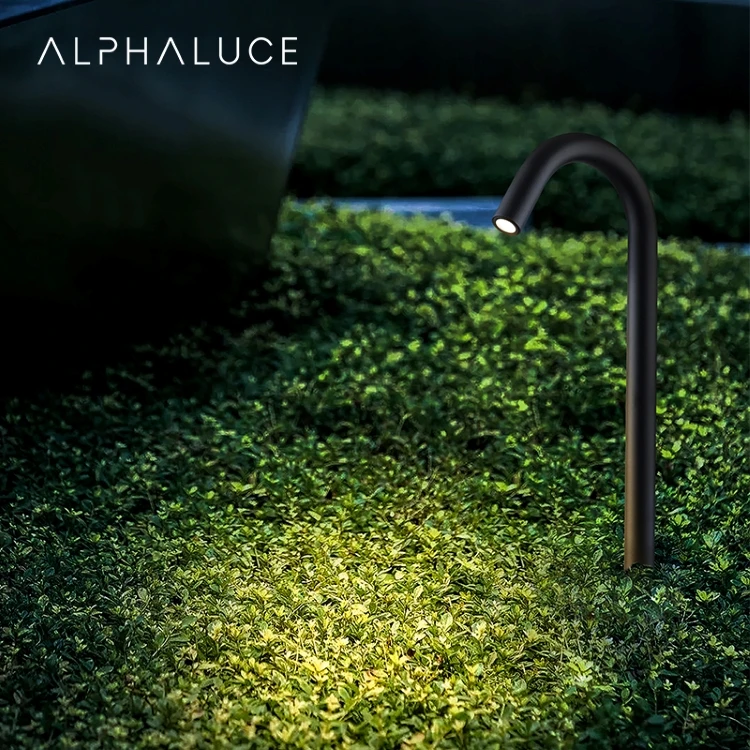 Alphalighting Dc24V Nordic Contemporary Thin Bendy Pole Black Water Pipe Led Modern Lighting Bollard Garden Lamp Led Outdoor