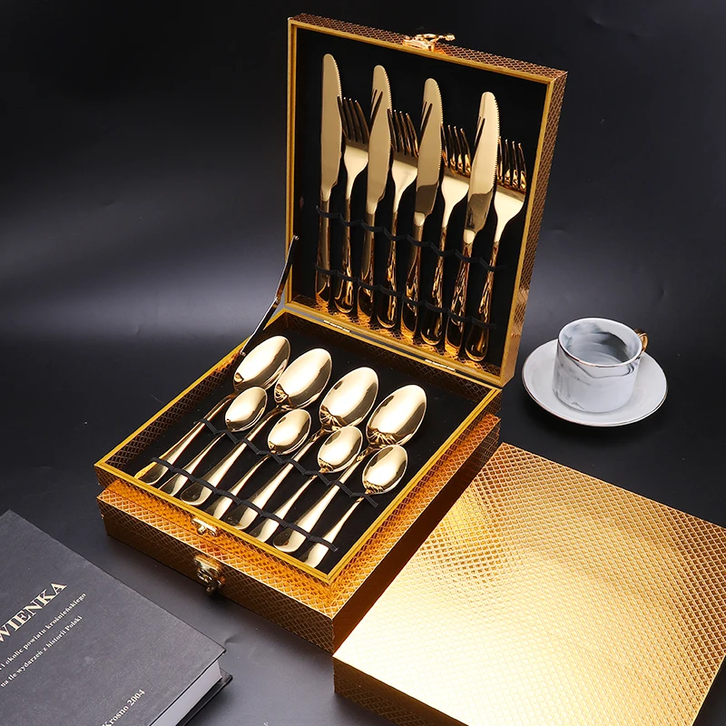 
Luxury gold stainless steel dinnerware set 24 pcs cutlery set with wooden box 