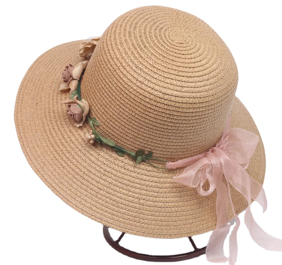 Lady Round Top Wide Brim Straw Hats UV Protection Plain Beach Straw Hats