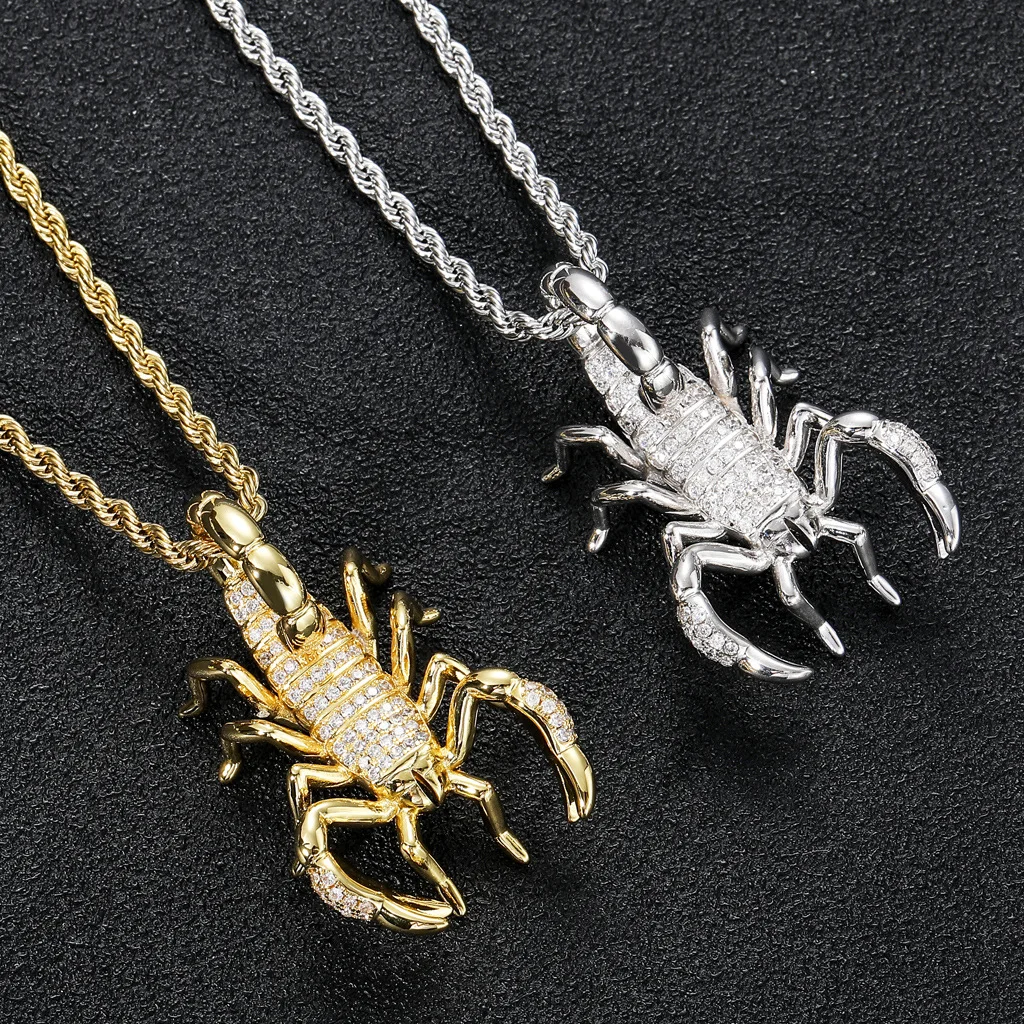 BES Trending Hip Hop Jewelry Minimalist 18K Gold Plated Twist Chain Iced Out Zircon Brass 3D Scorpion Pendant Necklace