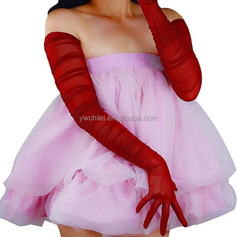 Women's Stretchy Super Long Tulle Gloves Ruched Opera Mush Semi Sheer Gloves