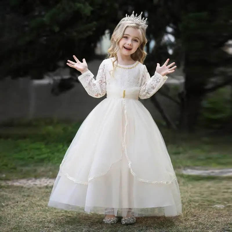 Baby Boutique Prom Dress Full-length Long Lace Sleeve Children Wedding Ball Gown