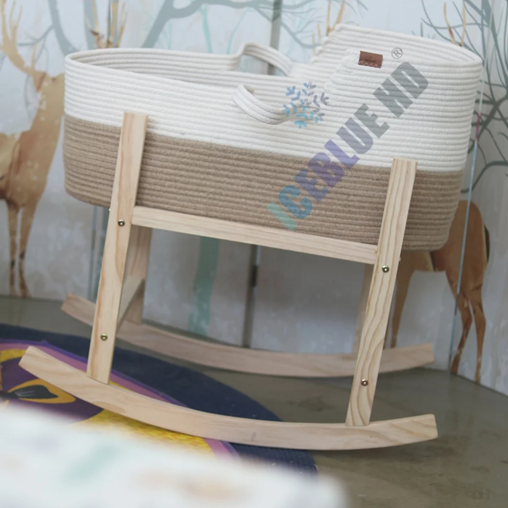 ICEBLUE HD Low MOQ Fast Delivery Customized Natural Cotton Woven Rope White Moses Basket and Wooden Stand