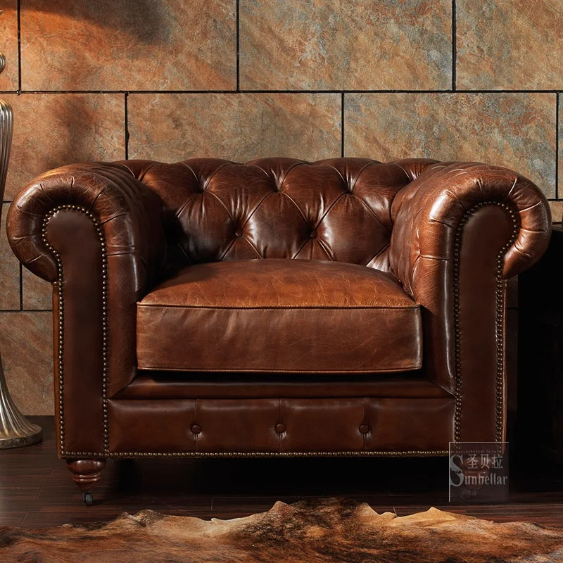 antique high quality genuine leather sofa luxury living room rustic tan leather chesterfield sofa set with tufted buttons