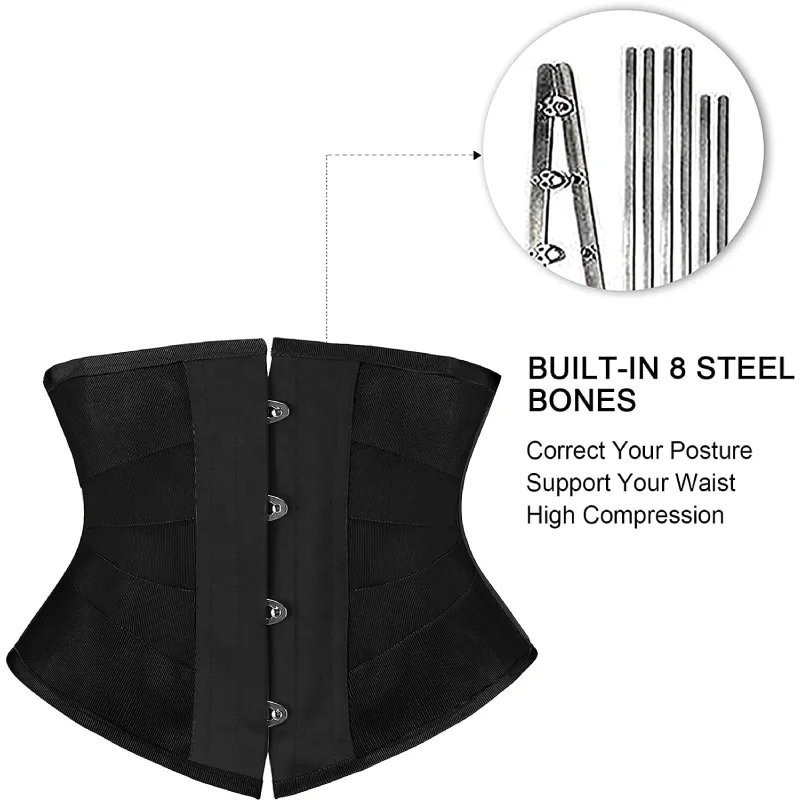Women 8 Steel Boned Jet Ribbon Corsets Short Torso Underbust Waist Training Hourglass Tummy Control Body Shaper