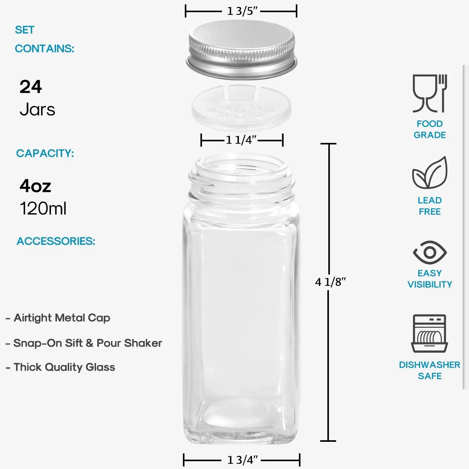 4 oz Glass Spice Jars with Metal Lids, Spices Jar 120ml Empty Square Containers Seasoning Storage Bottles
