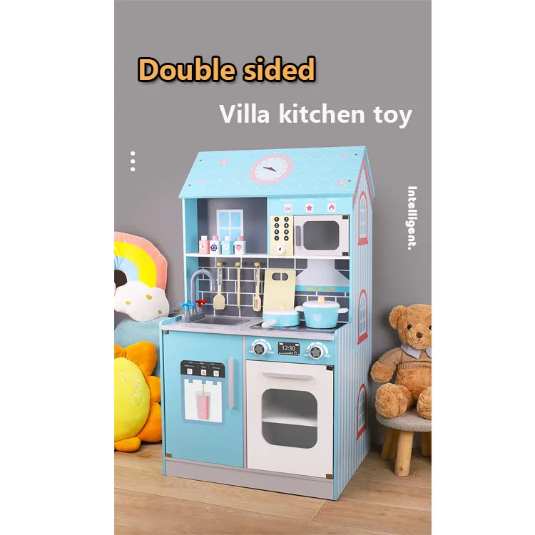 Hot sale simulation 2 in 1 wooden doll house kitchen toys for kids pretend play wood cooking toys kitchen set for kids
