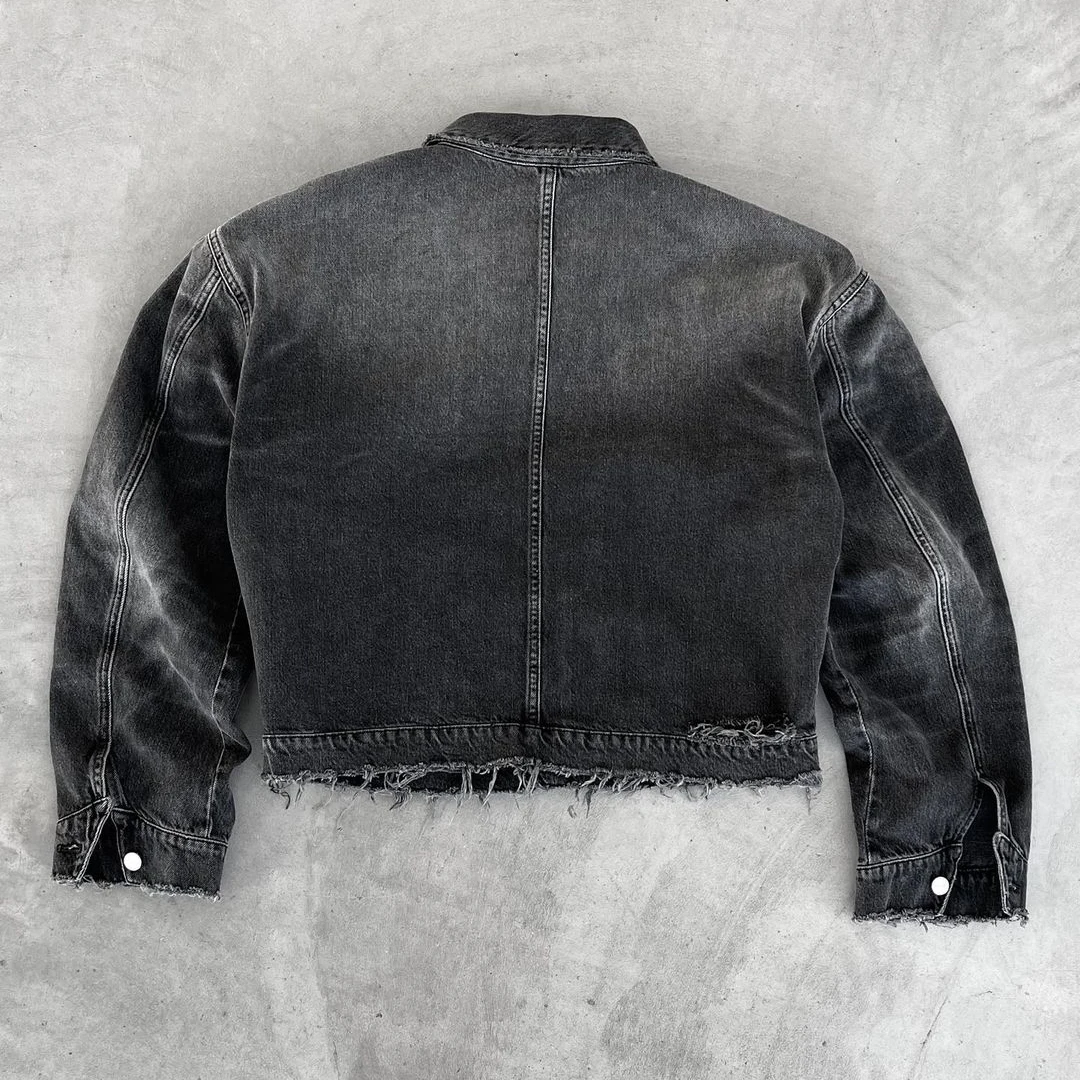 Custom Men Women Vintage Black Washed  Frayed Hem Acid Wash Plain Oversized Baggy Denim Jacket Cropped Denim Jacket Unisex