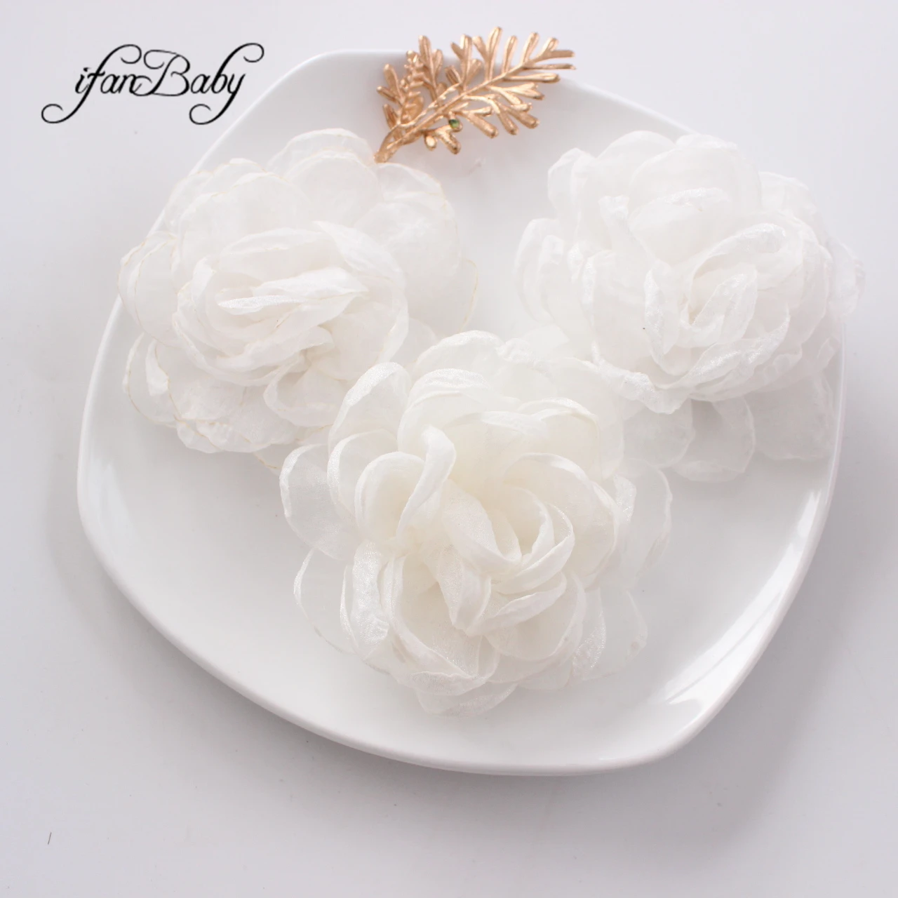 9-10cm Women Girl Chic Rosette Organza Floral Singed Burned Fabric Flowers For Hair Accessories