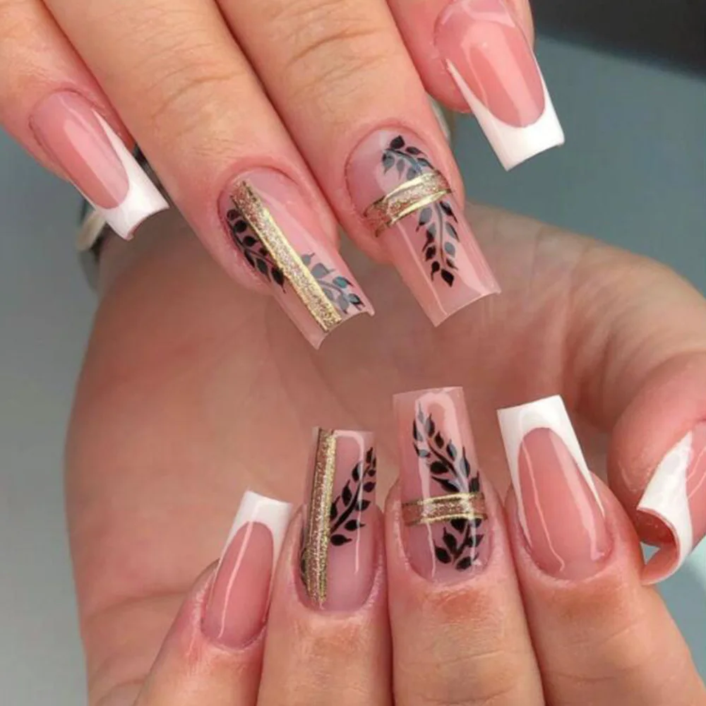 Private Label 24 PCS Acrylic Nails press on French Coffin Gradient Pink Diamond Press On Nails Wholesale Artificial Fingernails