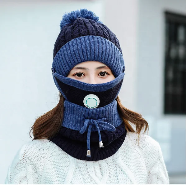 
4PCS Winter Warm Women Thicken Pom Pom Caps Female Ring Scarf Ski Knitted Beanies Hats 