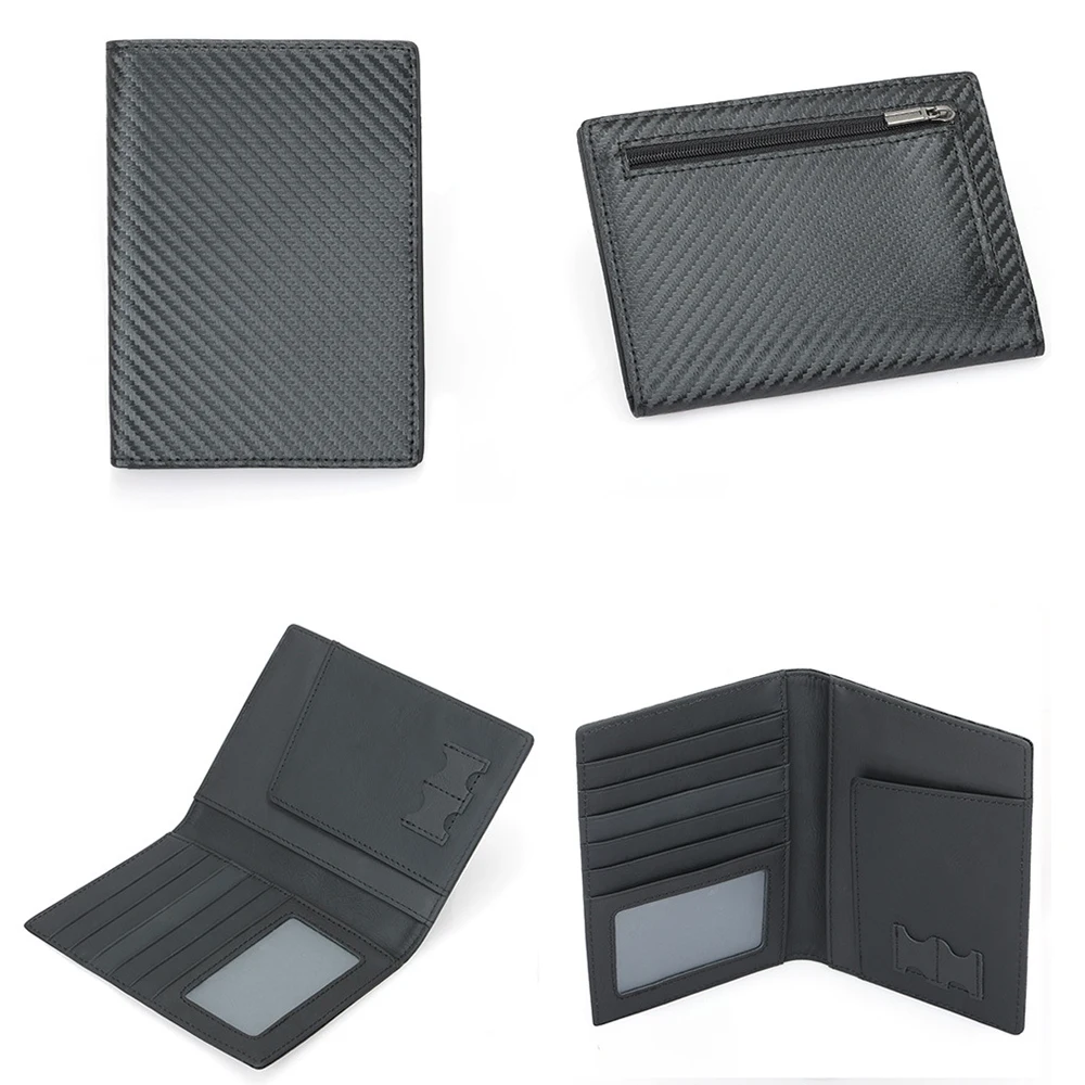 Good Quality Carbon Fiber Texture RFID Passport Holder Wallet with Zipper Coin Pocket, Leather Passport Holder Cover