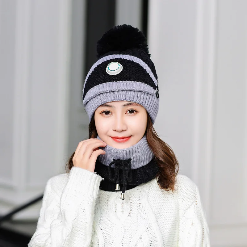 Оптовая продажа женская вязаная теплая Лыжная зимняя надувная акриловая шапка утепленные меховые шарики с помпоном шарф воротник наборы шляп
