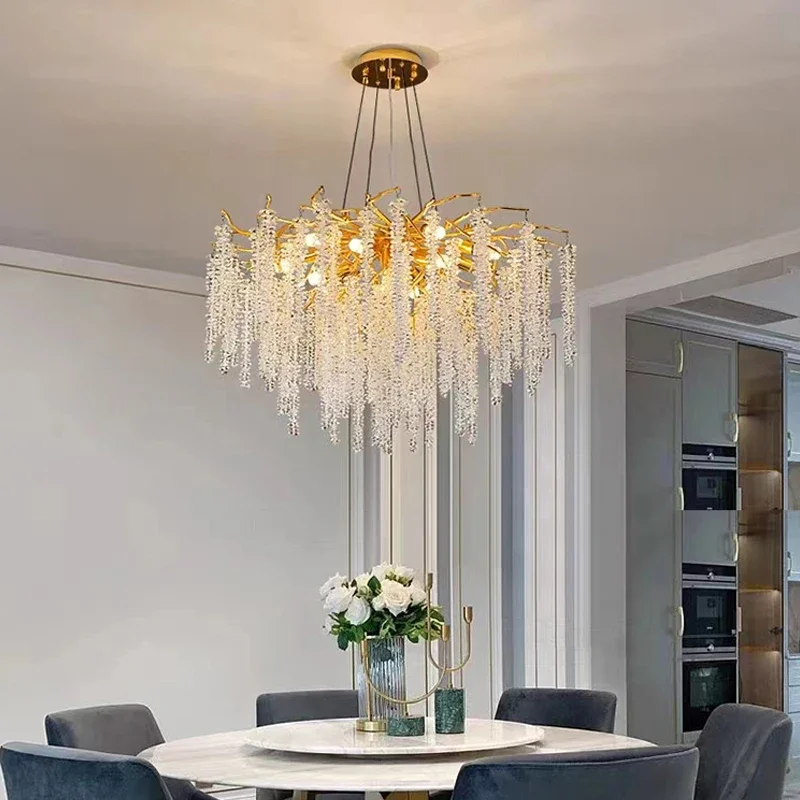 Customized Branches Chandelier Golden Frame Crystal Hanging Lamp Modern Glass Beads Pendant Light Stair Chandelier