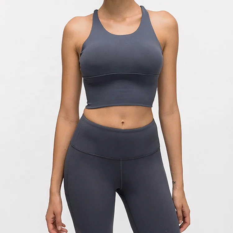 
Custom logo solid color crop top cross back women longline sports bra padded 
