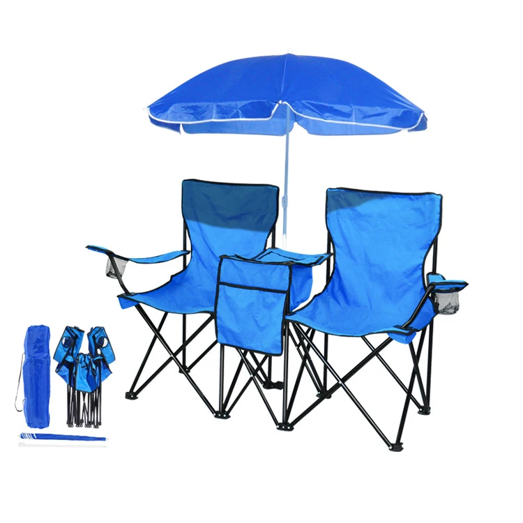 Factory Custom Wholesale Portable double outdoor folding large beach chair with umbrella and cooler bag for camping