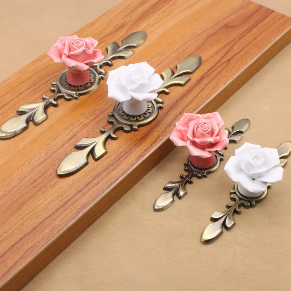 2023 wholesale rose ceramic flower cabinet knobs with green bronze backplate vintage kitchen drawer pull handle screws included
