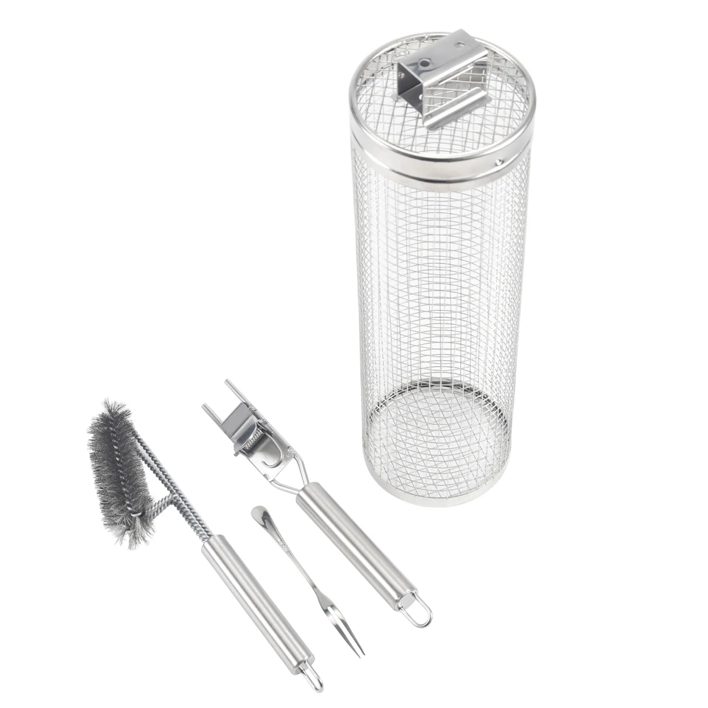 New barbecue grill mesh 304 stainless steel round rolling bbq grilling baskets with fork scraper