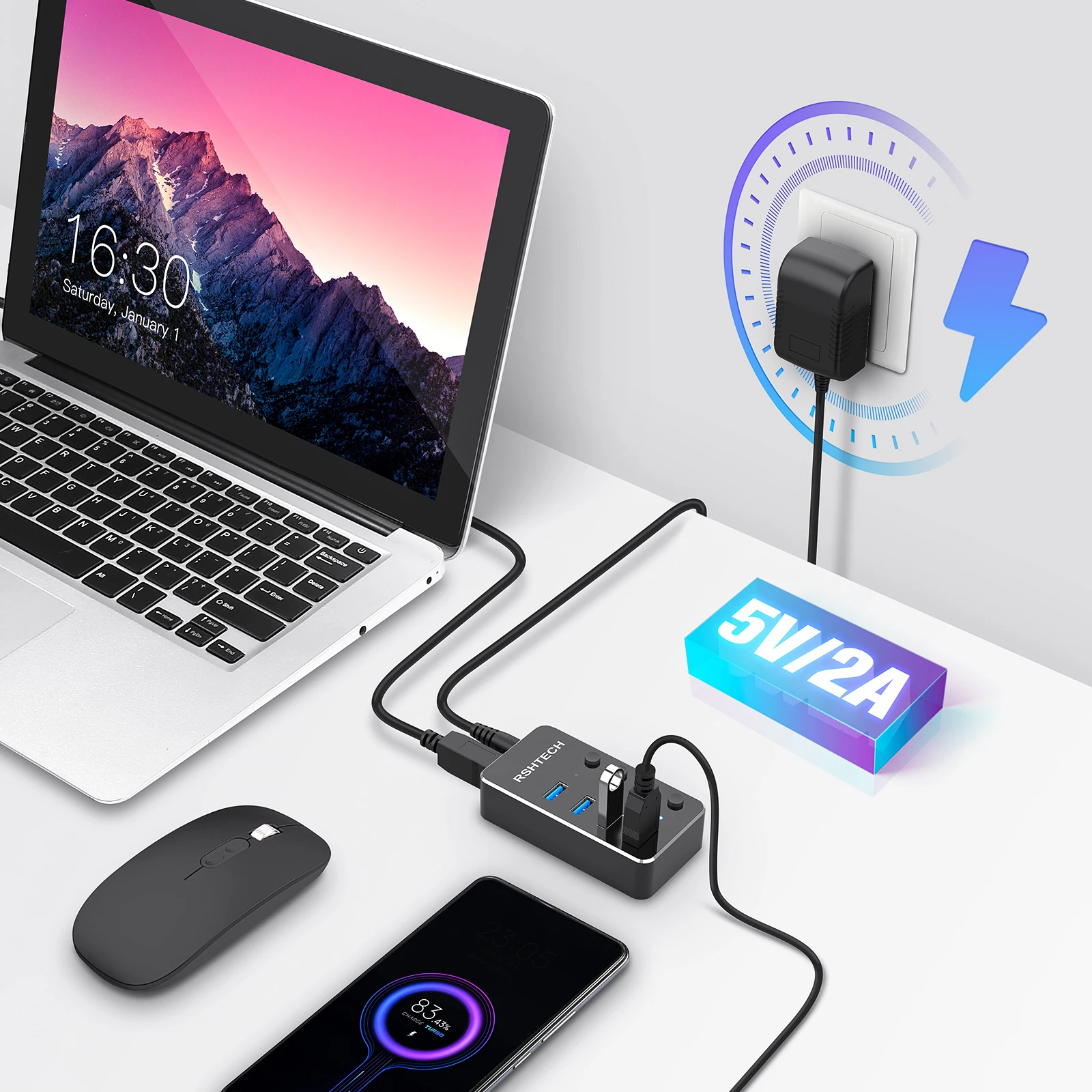 RSHTECH Powered USB Hub Universal 5V/2A AC Power Individual On/Off Switches 5Gbps High-speed 4 Port USB 3.0 Hub for PC Laptop