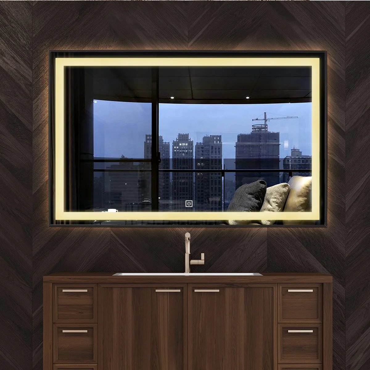 Yishare Smart Screen Waterproof Led Lighted Large Shatter-Proof Vanity Mirrors for Wall Dimmable Anti-Fog Backlit LED Bathroom