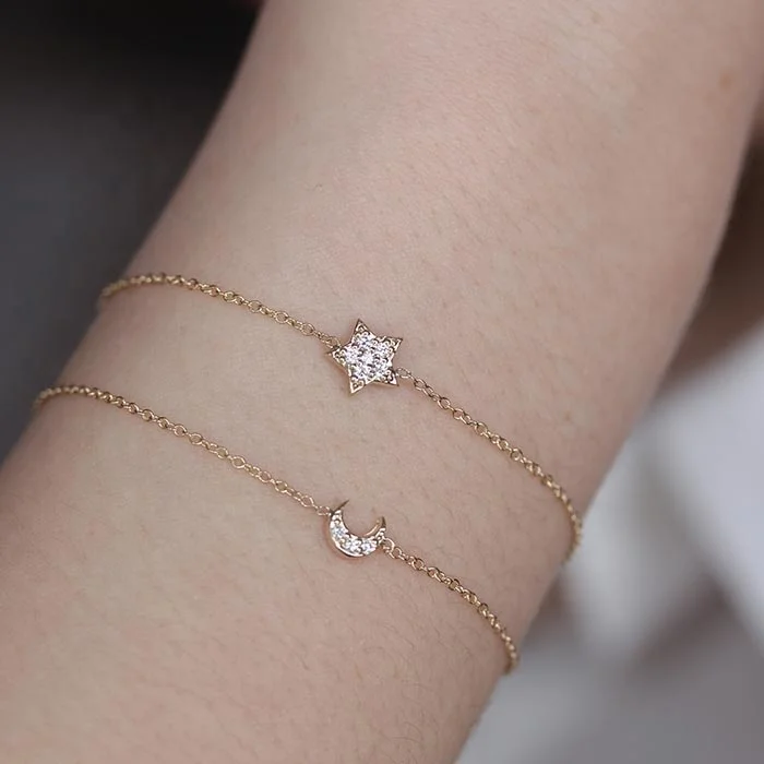 Wholesale 9.25 sterling silver jewelry diamond tiny star moon 18k gold plated cute summer bracelets