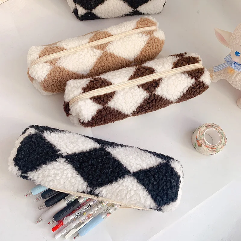 Chessboard Plaid Plush Pencil Bag Student Stationery Bag Large Capacity Storage Bag Rhombus Portable Stationery Box