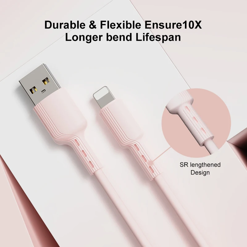 Pink 1 meter data cable  USB to Lighting 2.4 A Liquid silicone for Mobile Phone