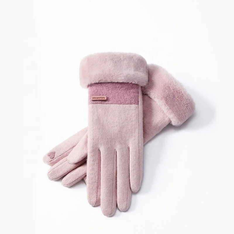 Winter wool gloves for women touch screen plus velvet, windproof and cold-proof plush warm cashmere gloves