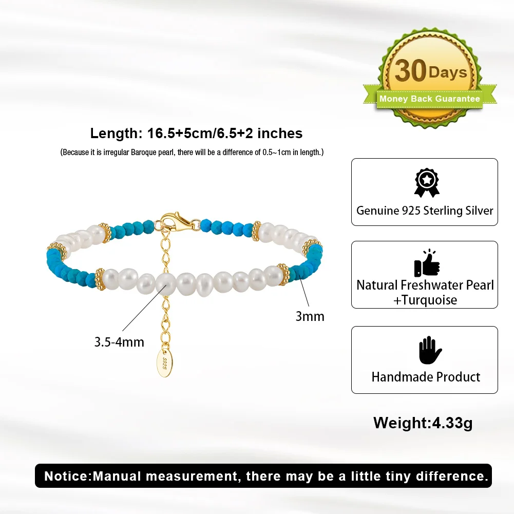 RINNTIN MPB01 Bohemian Style Vintage Holiday Natural Freshwater Pearl Turquoise Beaded K Gold 925 Silver Bracelet For Women