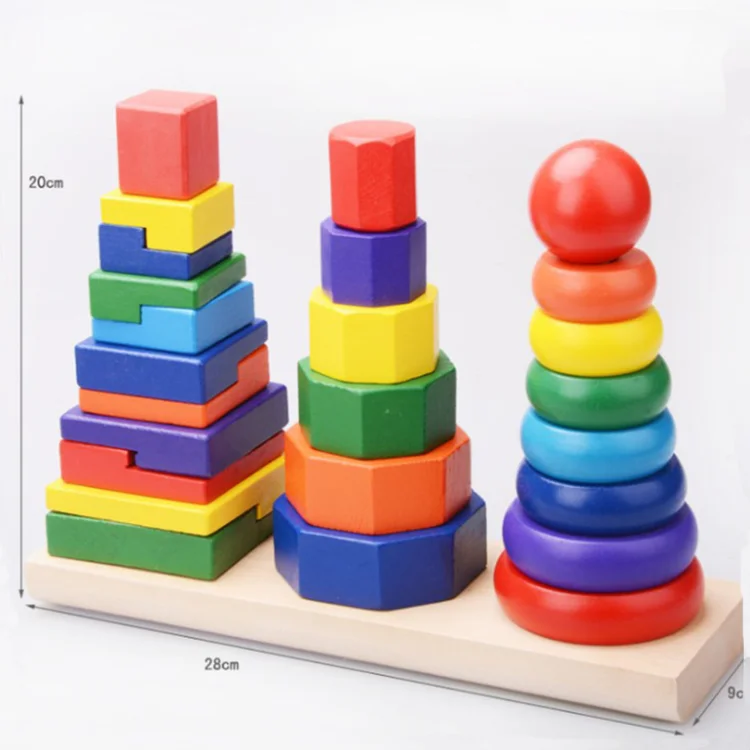 Geometric Shape Blocks Shape Sorter Toys Wooden Column Shape Stacking Tower