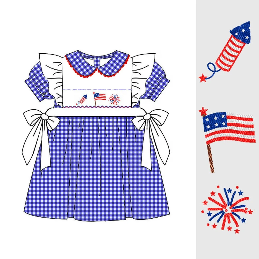 Autumn Blue Gingham 4th July Smocked Dress Babies 6 Months O-Neck Patriotic Clothing 3D Pattern Summer Perfect Gift Baby ODM