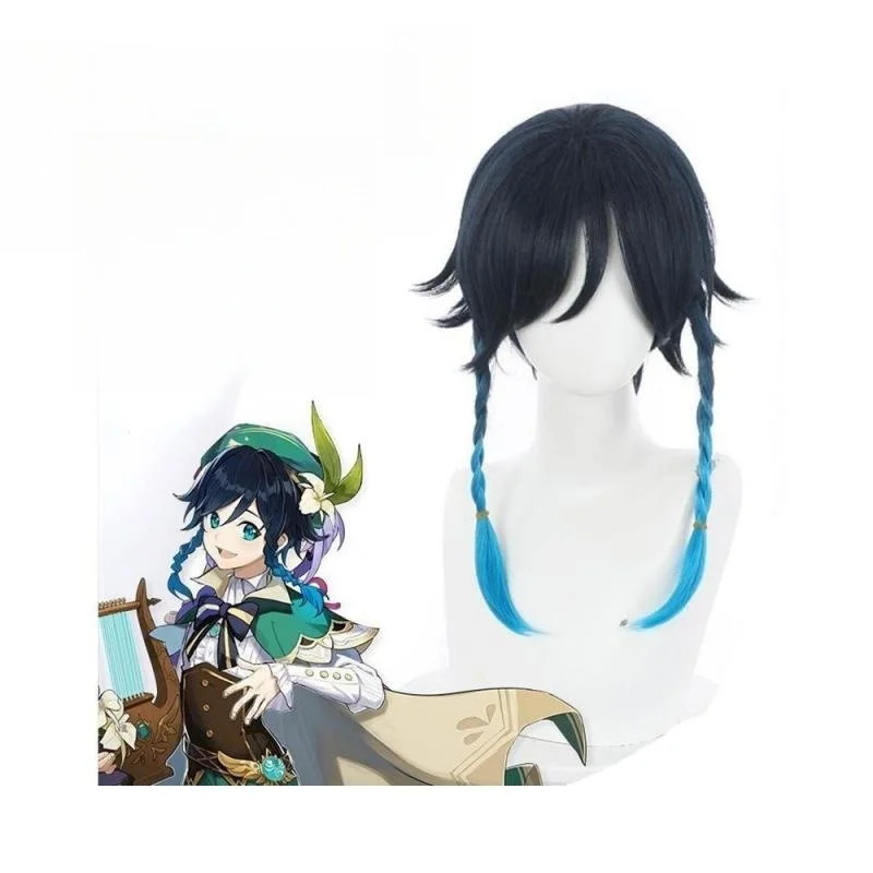 Wholesale Genshin Impact Peluca Cosplay 40cm Medium Long Navy Blue Mixed Venti Wig Synthetic Anime Braid Hair Wig