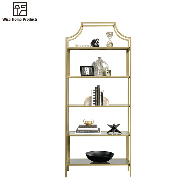 Modern 5 Shelf Vertical Tempered Glass Stainless Steel Gold Etagere Metal Bookcase
