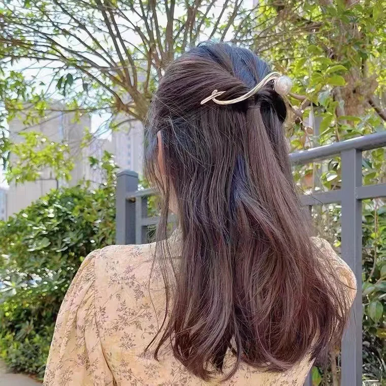 Metal pearl hair clips retro temperament ladies back head hairpin girls frog buckle hair accessories one word plate hair pin