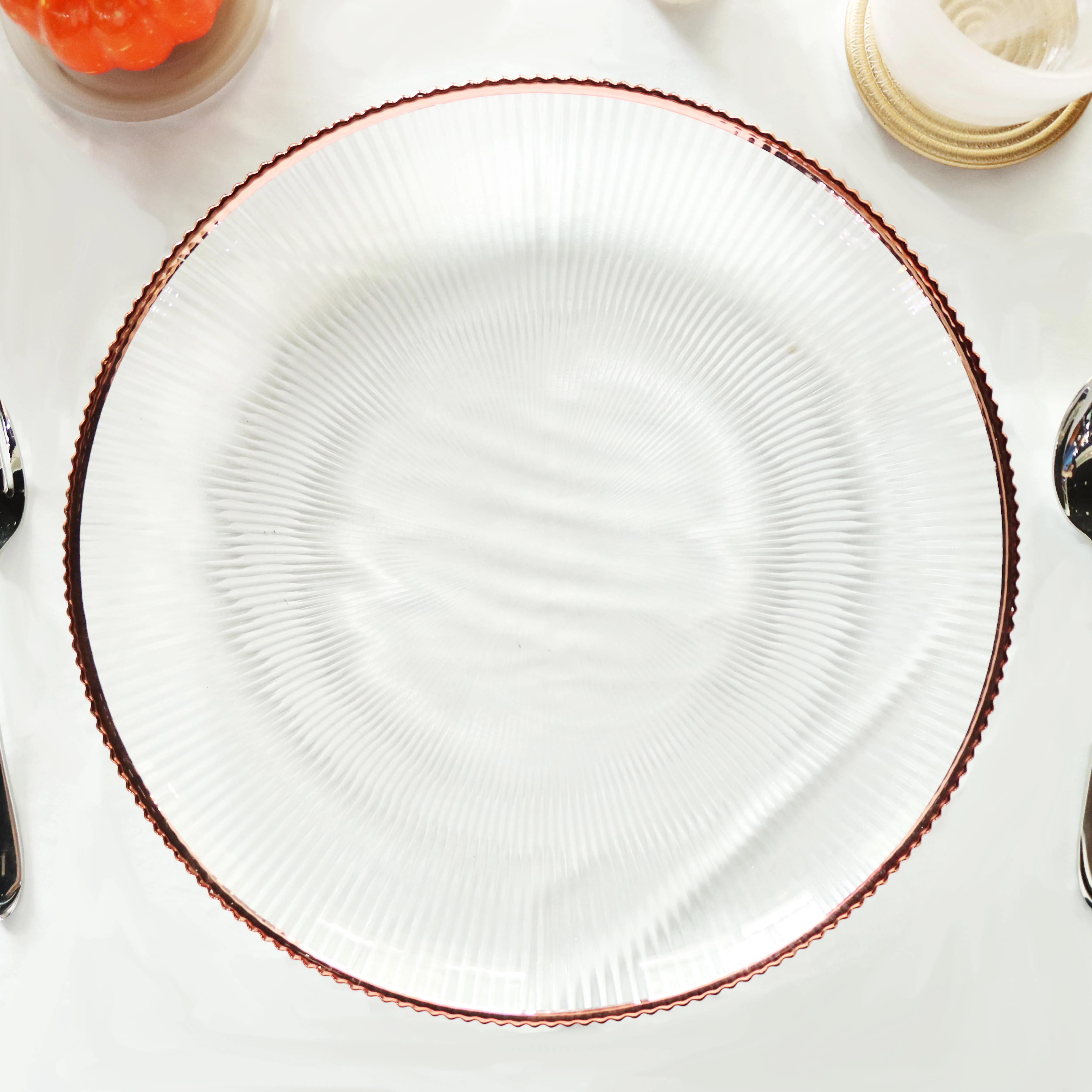 13-inch Clear Glass Round Charger Plates for Weddings Churches Restaurants and Events with a rose gold silver or gold rim