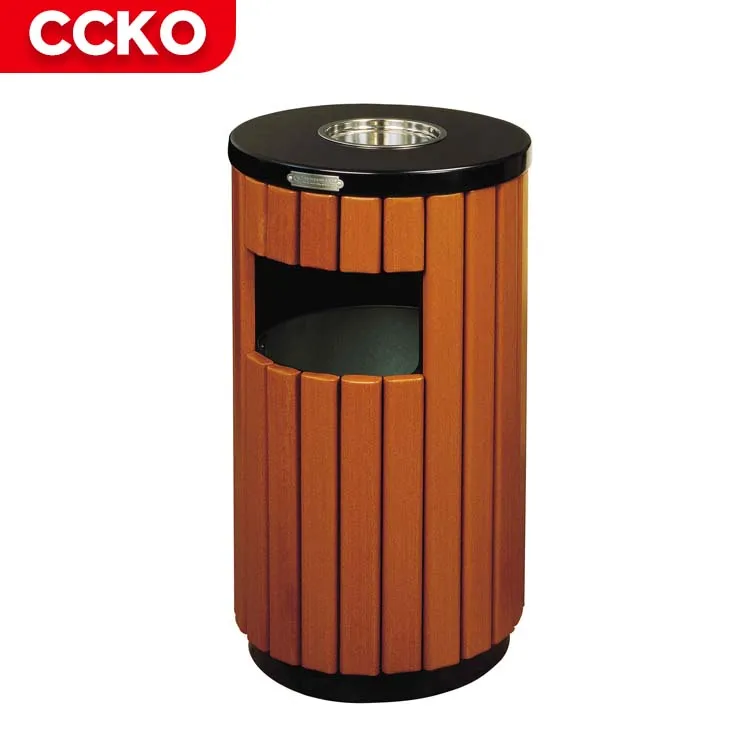 Brown Baking Paint Wood Grain Parks Streets Backyard Patio Garbage Bin Waste Bins Garbage Can Outdoor Trash Can With Top Tray