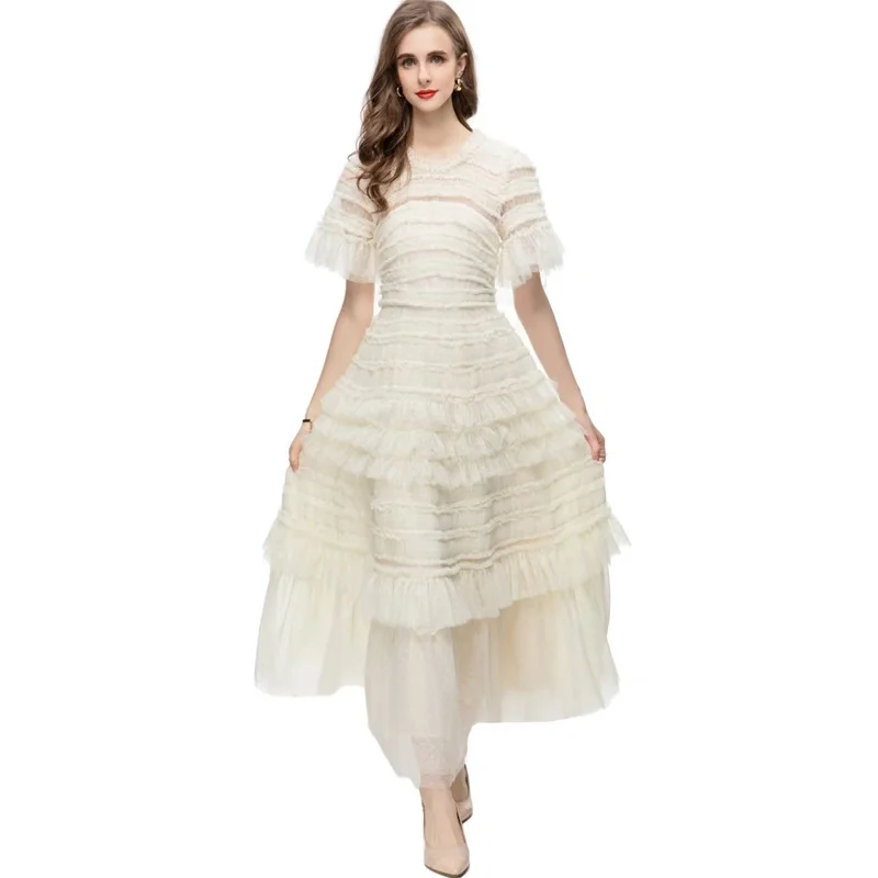 Vintage Style Round Neck Heavy Industry Ruffled Stitching Blue Dress Dress New Autumn and Winter Women Dress (CF-SKT-051)