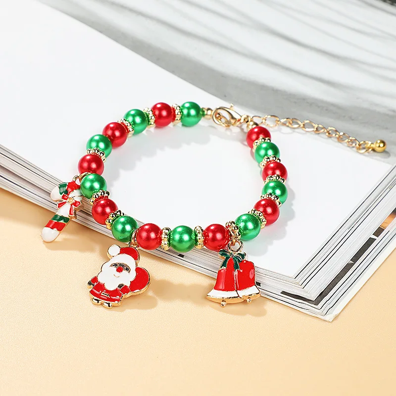 Christmas Colorful Pearl Beaded Bracelet with Santa Claus Bell Fashionable Jewelry Gift for Boyfriend Girlfriend or Couples