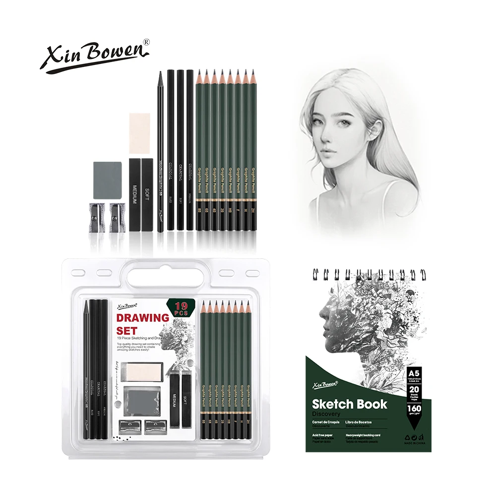 Xin Bowen Sketching Drawing Kit 19PCS Drawing Set Professional Sketching Charcoal Graphite Pencil Sharpener Art Sketch Pencil