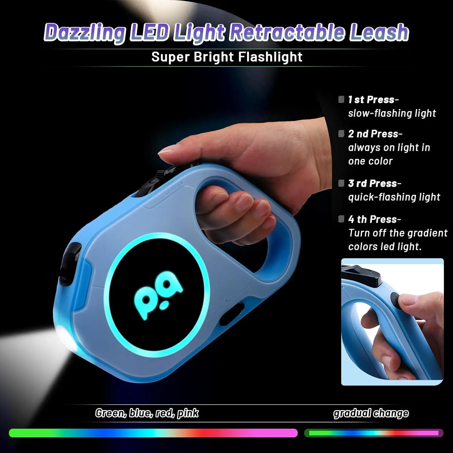 Retractable Dog Leash with Rechargeable LED Light - Strong Nylon Tape for Night Walks up to 88lbs Pet - 360 Tangle-Free
