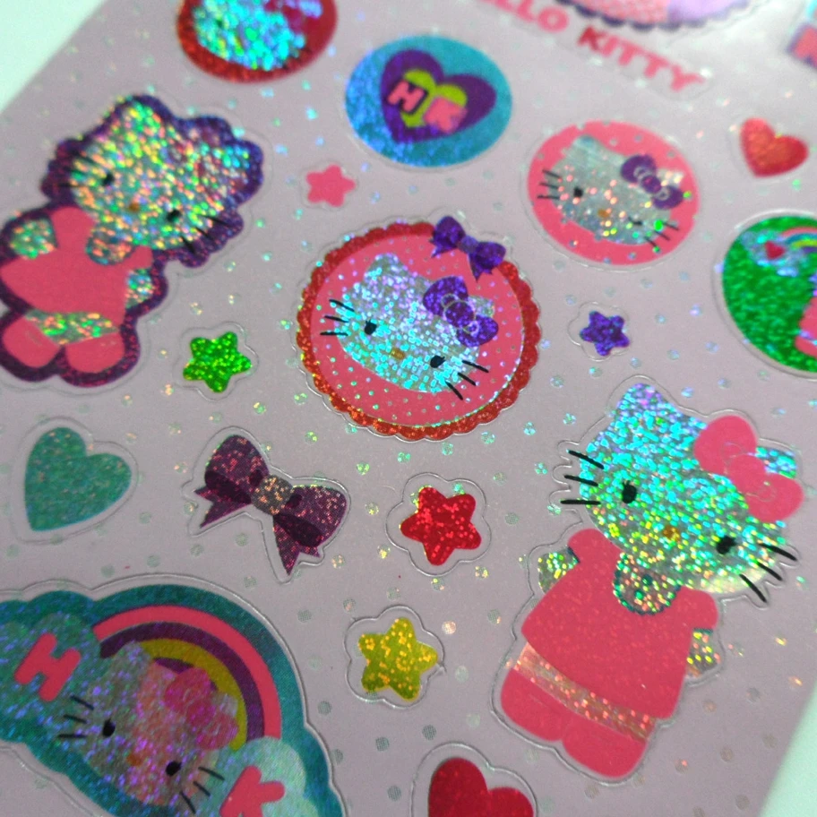 Custom design cute cartoon holographic glitter stickers sheet for kids Removable kitty animal stickers