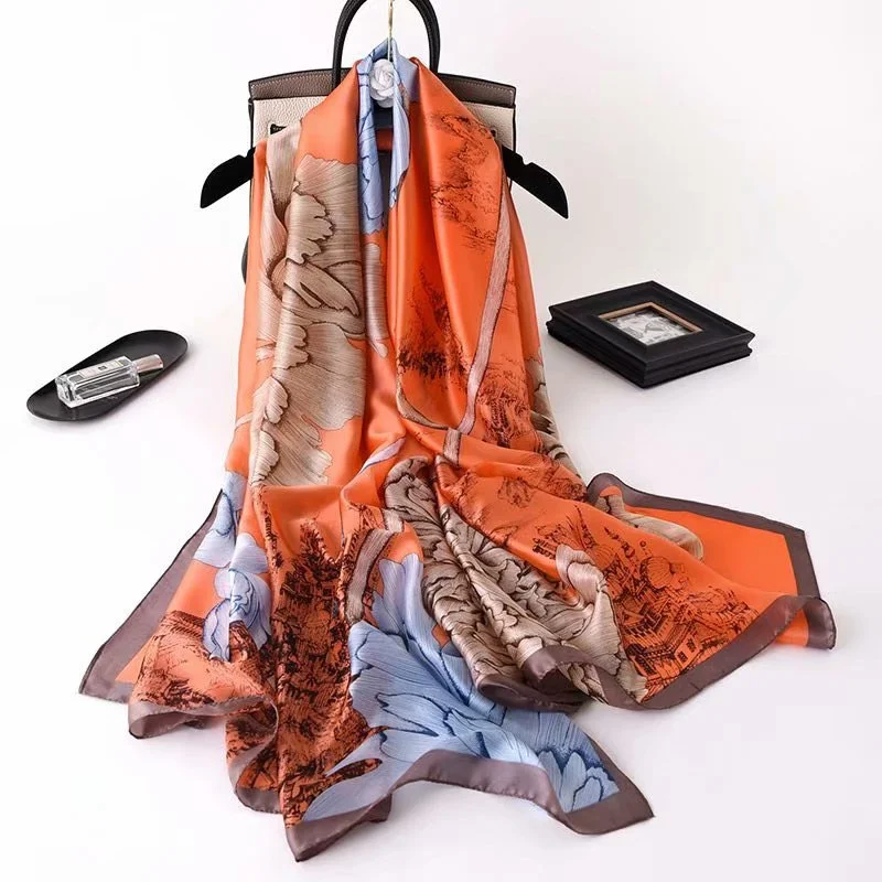 Factory custom Large women digital screen printing satin plain printed scarf luxury hair polyester ethicon soie silk shawls