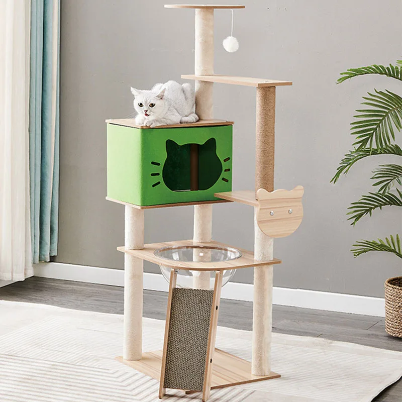 Wholesale Big Luxury Solid Wood Sisal Rope Style Indoor Cat House Pet Furniture Cat Trees Modern Wooden Cat Tree Tower