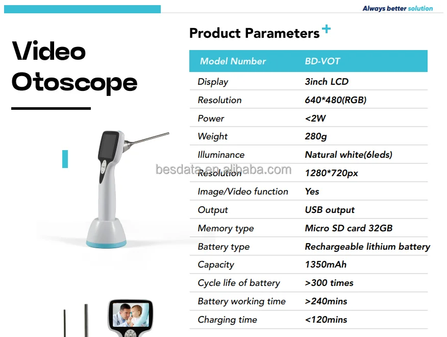 BESDATA Diagnostic Set Rigid Otoscope Reusable Medical ENT Endoscope Video Otoscope for Clinical Use