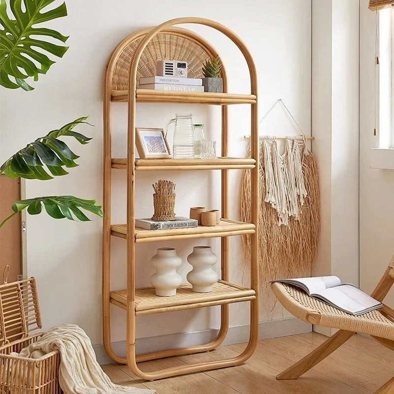 Modern simple household floor type multi-layer book storage rack rattan woven multi-purpose storage rack
