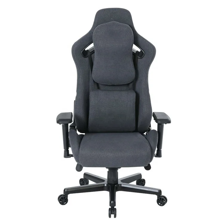 2024 Spain Popular Dark Grey Fabric Leather Ergonomic Swivel Silla Gamer Racing Style Video Gaming Computer Chair with Frog Tray
