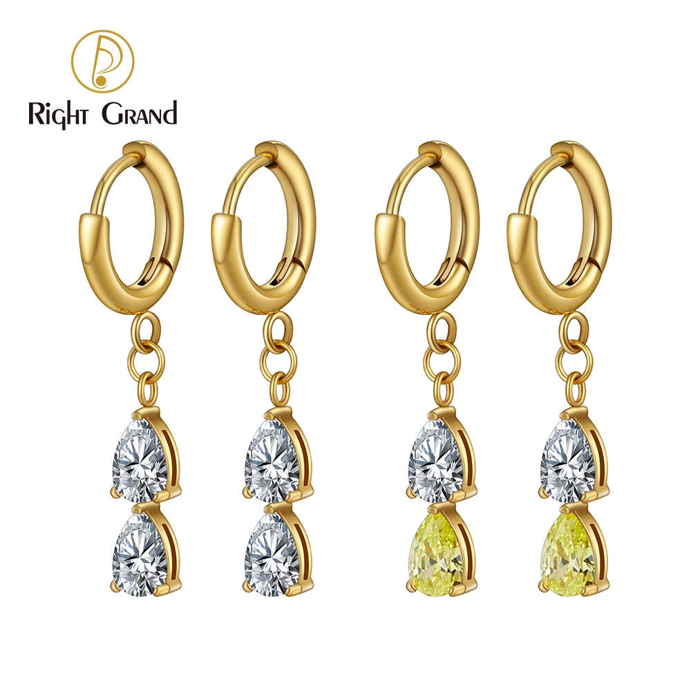 Fashion Trendy Women Jewelry Powder Casting Process Stainless Steel Gold Plated Zircon Dangle Teardrop Hoop Earrings