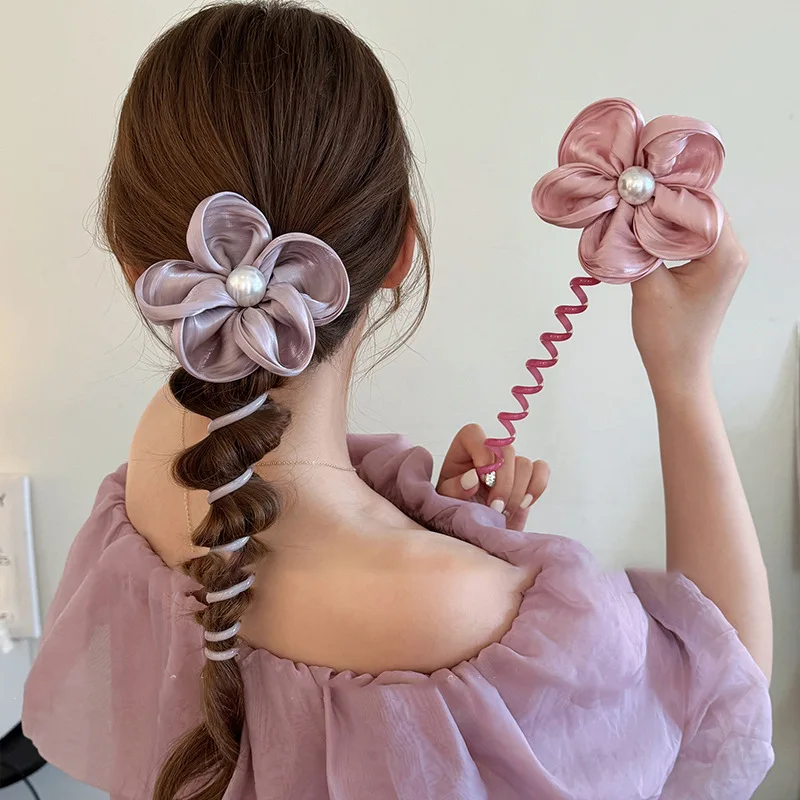 Elegant Big Floral Wire Line Elastic Hair Band With Pearl Women Plastic Hair Ties Wholesale Accessories